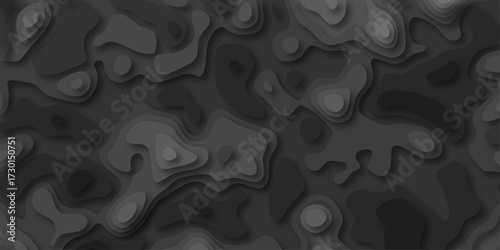 Monochrome abstract background with layered topographic contours and organic fluid shapes in dark grey tones, suggesting depth and geological formations