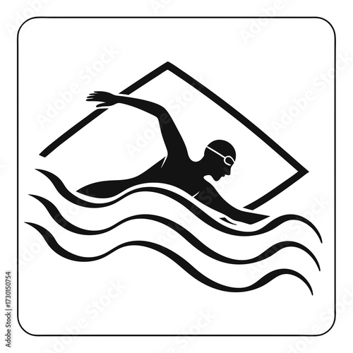 Silhouette of a swimmer in goggles and cap performing freestyle stroke in wavy water with a geometric frame above representing a pool lane or competition boundary