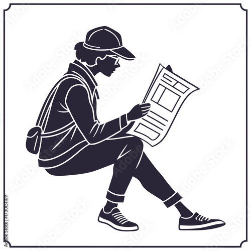 A person wearing a cap and glasses sits casually reading a newspaper with a messenger bag slung over their shoulder presented in a stylized silhouette