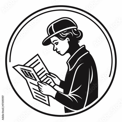 Retro style black and white illustration of a woman wearing a hat reading a newspaper inside a circular frame