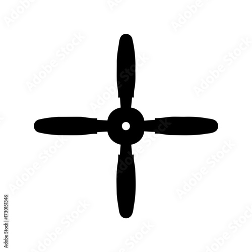 Black airplane propeller with four blades spinning in a rotary motion