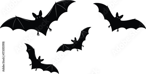 Flying bat silhouettes with glowing eyes, spooky Halloween bat illustration, scary night creatures, black bat clipart, horror decoration design element