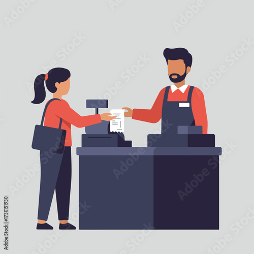 Customer gets a receipt from a cashier at the cash register
