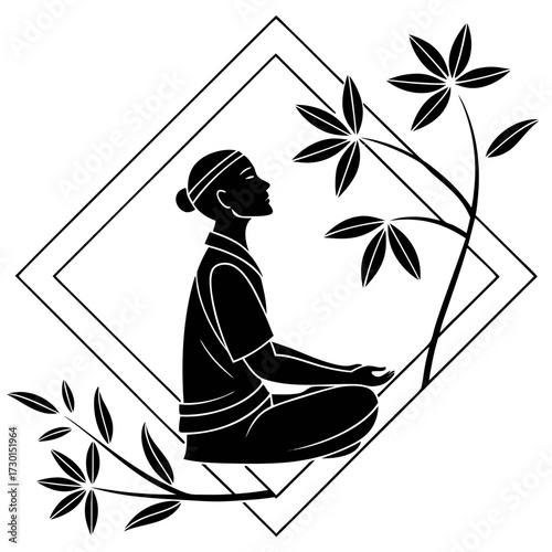 Serene silhouette of a person meditating in lotus pose within a geometric frame surrounded by stylized bamboo leaves and branches
