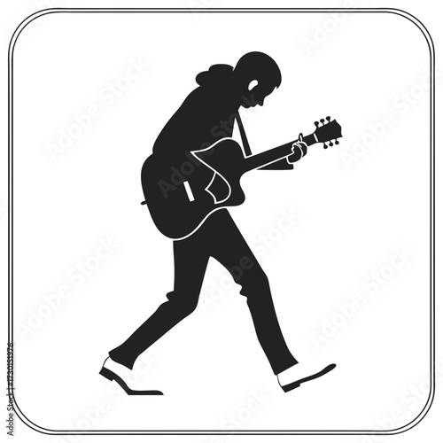 Silhouette of a young man wearing a hoodie and playing an acoustic guitar while walking confidently in a stylized artistic frame