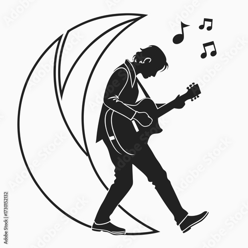 Silhouette of a man playing an acoustic guitar with musical notes floating around him set against a stylized crescent moon shape