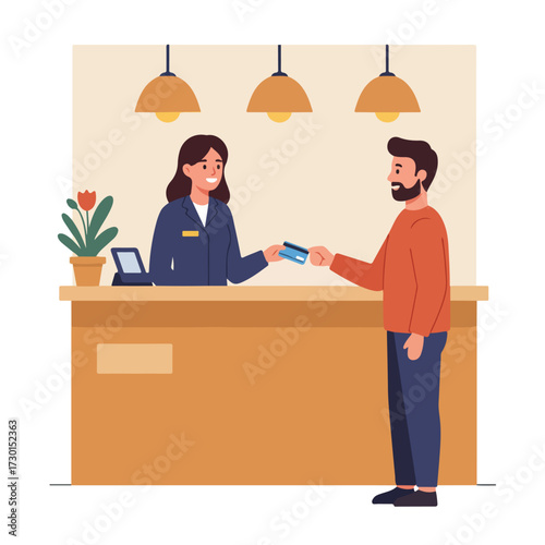 Woman at reception taking card from man under three lights