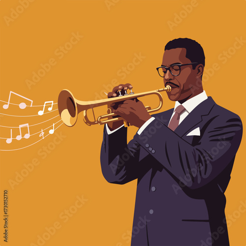 Jazz musician plays trumpet against orange backdrop with music notes