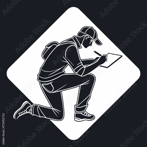 Surveyor kneeling and writing on clipboard