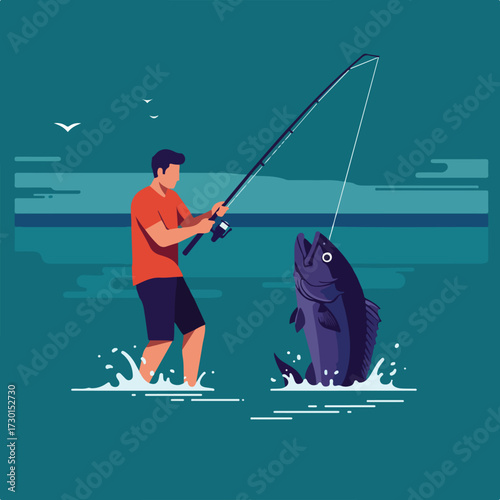 Man fishing; a large fish leaps from the water, caught on the line
