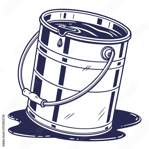 A stylized illustration of a dark blue paint can with a handle tilted and spilling dark liquid onto a white background