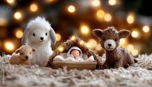 A Winter Nativity Scene Depicts Holy Family And Animals. Celebrate yuletide view sacred birth tableau serene christmas image shows blessed mother joseph infant savior docile creature