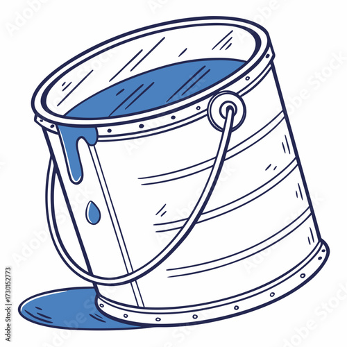 A hand drawn illustration of a white bucket filled with blue liquid with some liquid spilling over the side and onto the ground below