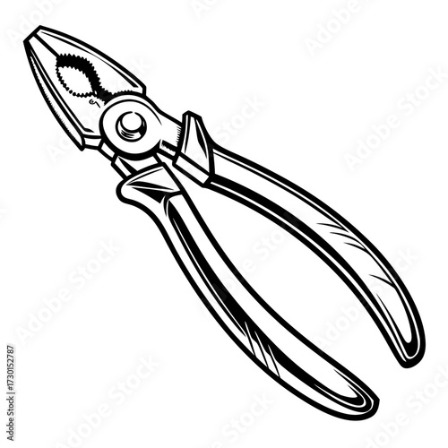 A detailed black and white illustration of a pair of pliers with serrated jaws and comfortable handles isolated on a white background symbolizing repair and construction