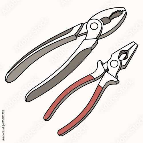 Two different types of pliers one larger with gray handles and a smaller one with red and white handles are shown against a white background