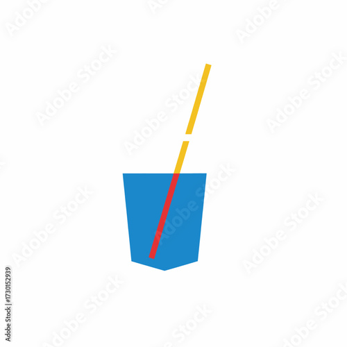 Simple graphic illustration of a blue glass filled with liquid and a two-toned yellow and red straw.