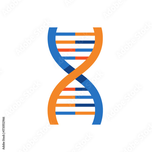Illustration of a DNA double helix structure, with blue and orange strands connected by colored segments, isolated on a white background.
