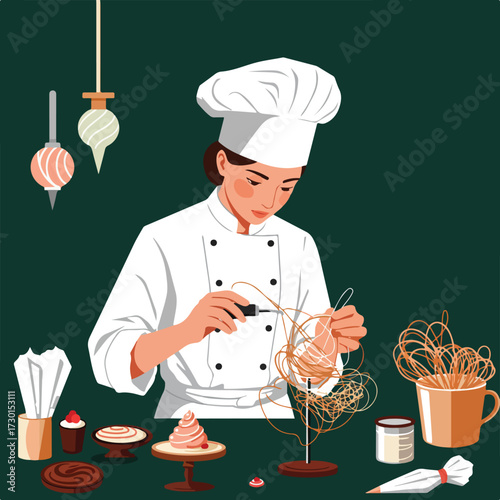 Baker decorating spun sugar treat with pastry bag on a dark green table