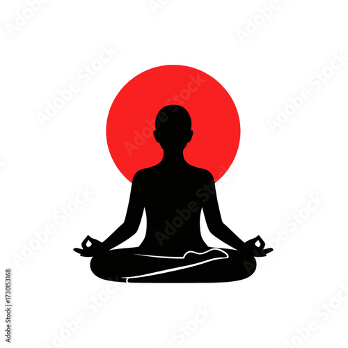 Zen meditation concept featuring a human silhouette in a tranquil lotus position against a bold red sun, symbolizing inner peace and spiritual balance