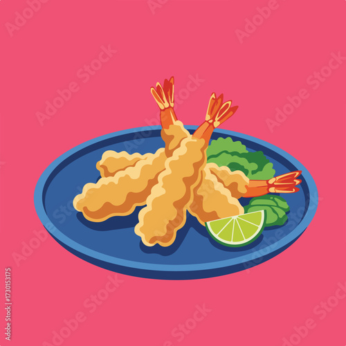 Tempura prawns, bright pink background, blue plate, lime and lettuce garnish
