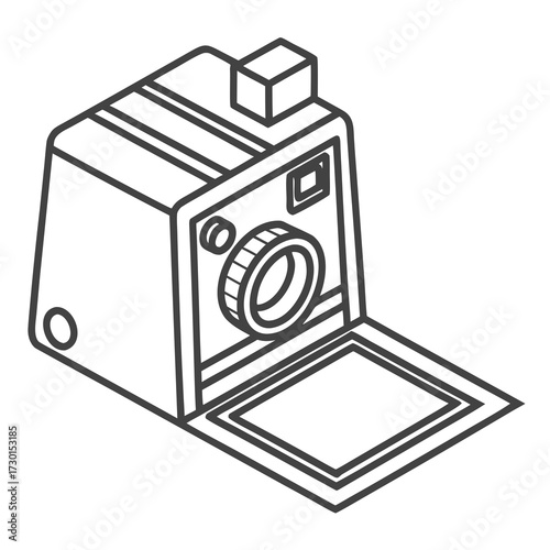 A minimalist isometric line art illustration of a vintage camera with an open film compartment and a flash cube on top isolated on a white background