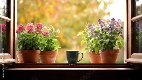 Wallpaper Mural Charming Window View Featuring Potted Coral and Purple Flowers with Wooden Sill and Green Mug with Soft Steam in Cozy Indoor Still Life Scene and Blurred Autumnal Trees Background in Horizontal Torontodigital.ca