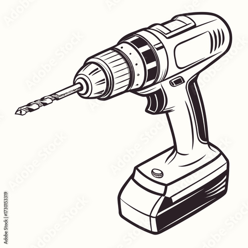 A detailed black and white illustration of a cordless power drill with a drill bit extended ready for use on a plain background