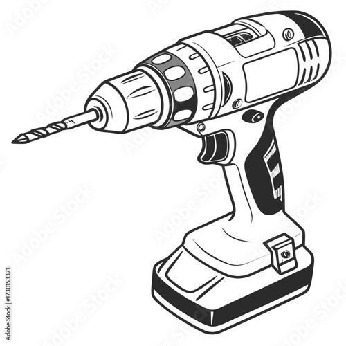 A detailed black and white line drawing illustration of a cordless power drill with a drill bit attached to the chuck isolated on a white background