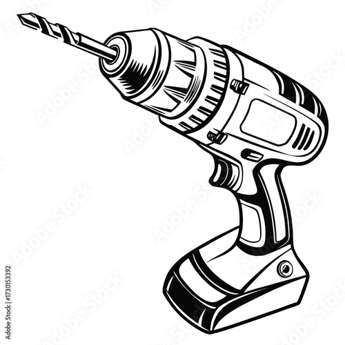 A detailed black and white illustration of a cordless power drill with a drill bit extended and ready for use on a clean white background