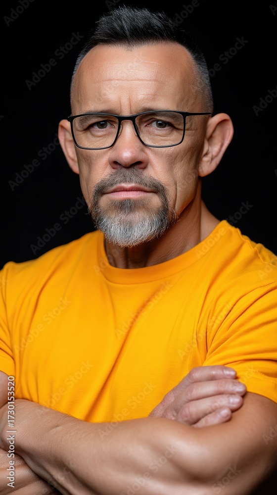 Fototapeta premium A man with a beard and glasses is wearing a yellow shirt. He is looking at the camera with a serious expression