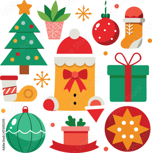 Vector art of a cheerful flat illustration showcasing christmas symbols such as trees, ornaments, gifts, stockings, and festive patterns, isolated on a
