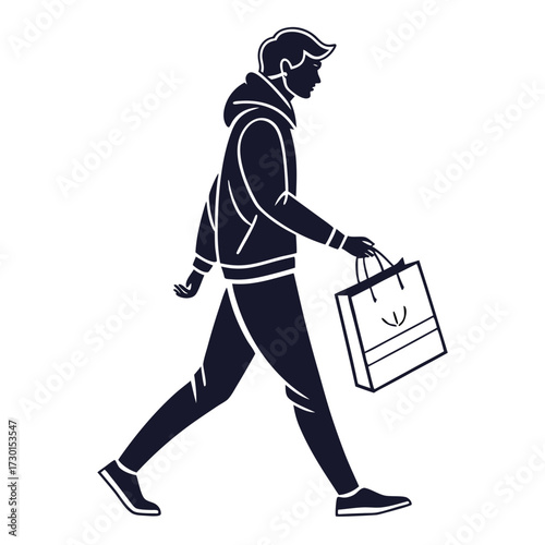 Stylized silhouette of a young man in a hoodie walking and carrying a shopping bag with a simple design on a white background