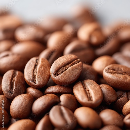 Macro Close Up Of Roasted Coffee Beans Against Neutral Background