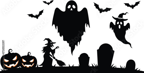 Scary Halloween witch with broom, spooky ghosts, flying bats, evil pumpkins, haunted graveyard tombstones, horror night illustration, creepy vector design