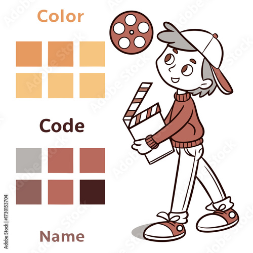 A cheerful cartoon boy wearing a baseball cap and sweater holds a clapperboard and film reel with color palettes and codes displayed