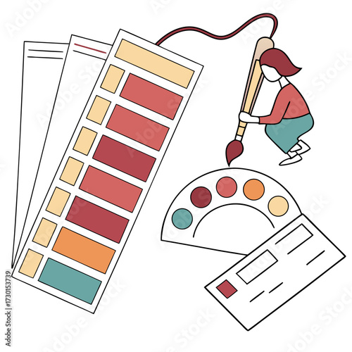 A whimsical illustration depicts a small stylized artist selecting colors from a swatch book using a paintbrush and a palette