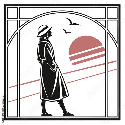 Elegant woman in vintage attire gazing at the sunset