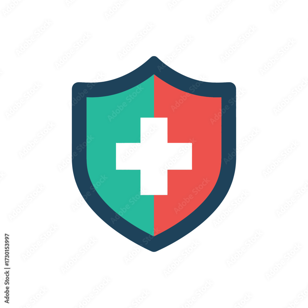 Obraz premium Shield icon with a white cross in the center, representing health and protection