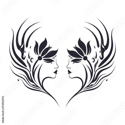 Artistic tattoo design featuring two feminine faces and floral elements in a symmetrical composition