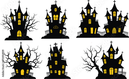 Spooky haunted house silhouettes with glowing windows, creepy Halloween night castle designs, scary gothic horror mansion, dark tree vector illustration