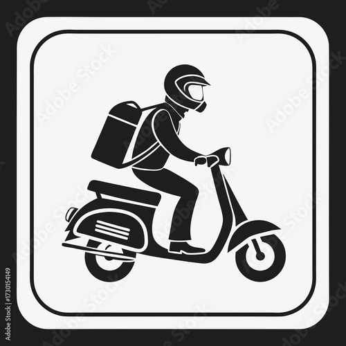 Stylized black and white silhouette icon of a person wearing a helmet and carrying a backpack riding a scooter symbolizing delivery services and fast transportation