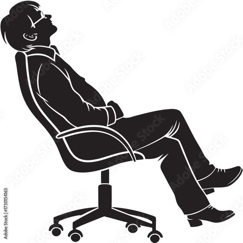 Silhouette of a businessman in a suit leaning back in an office chair with his eyes closed and hands clasped in his lap appearing relaxed and contemplative