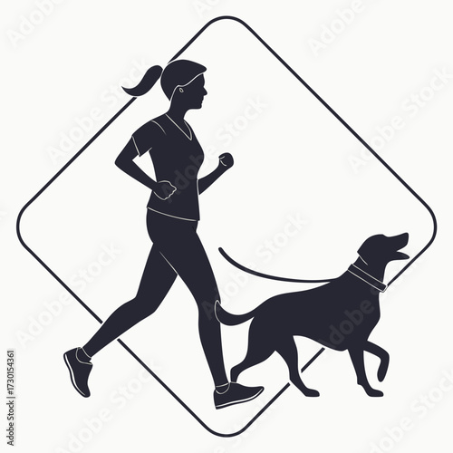 Silhouette of a woman running with her dog on a leash engaged in a healthy outdoor activity together symbolizing companionship and fitness