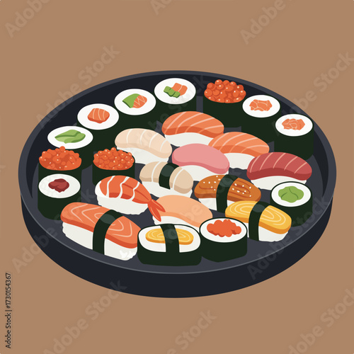 Assorted sushi on a dark plate, with fish, rice, and seaweed rolls