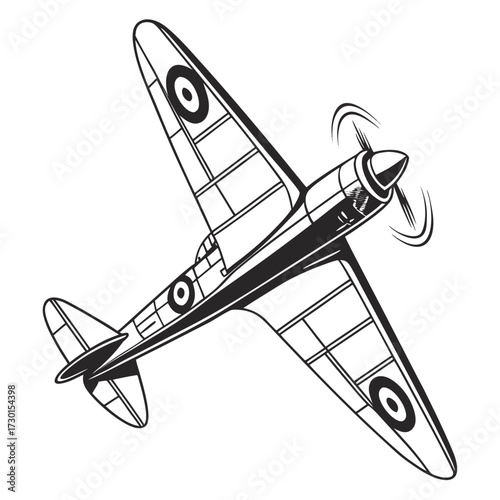 Vintage airplane in flight, line art illustration