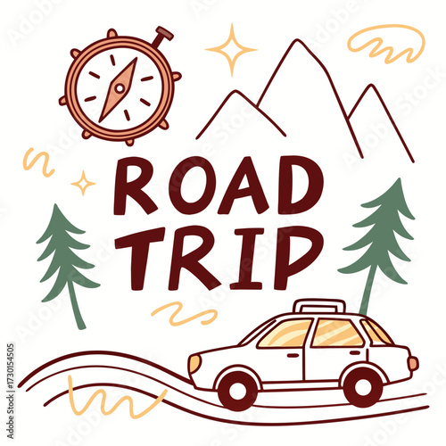 A whimsical road trip illustration featuring a car, compass, and mountains