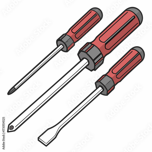 Three screwdrivers with red handles are displayed
