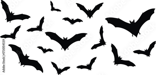 Flying bat silhouettes collection for Halloween design, spooky night decoration, horror theme vector illustration, creepy bats in dark sky background