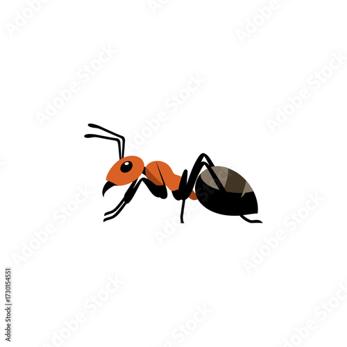 Cartoon illustration of a solitary ant crawling in profile, showcasing its orange and black body