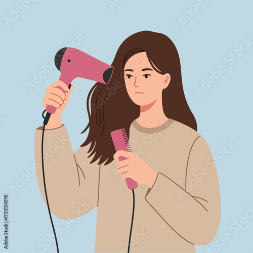Drying Hair Woman with hair dryer and comb against a light blue background